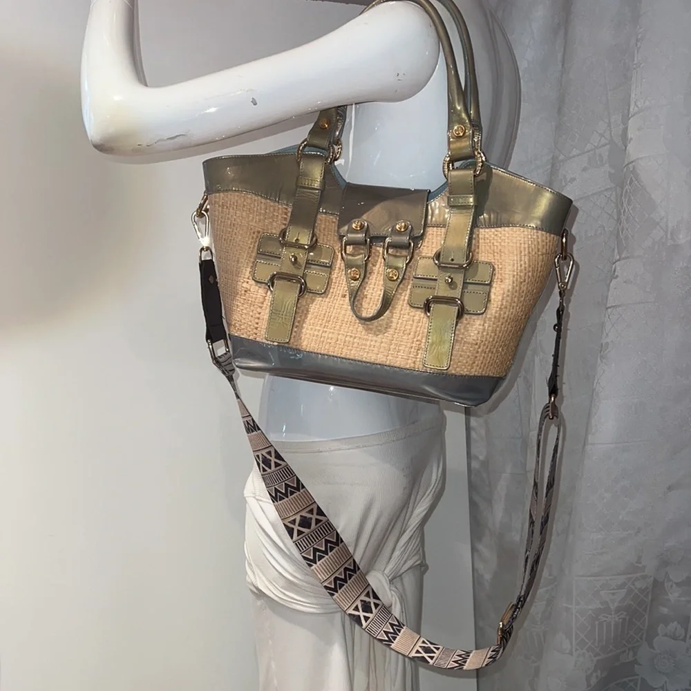 Stuart Weitzman Patent Leather and Raffia Woven Satchel w/ crossbody strap